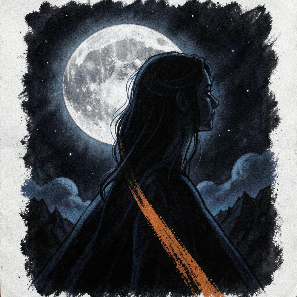 Fantasy könyvborító rajza: sötét éjszakai égbolt, ezüst holdfény, titokzatos női alak körvonala, mélykék és fekete tónusok.